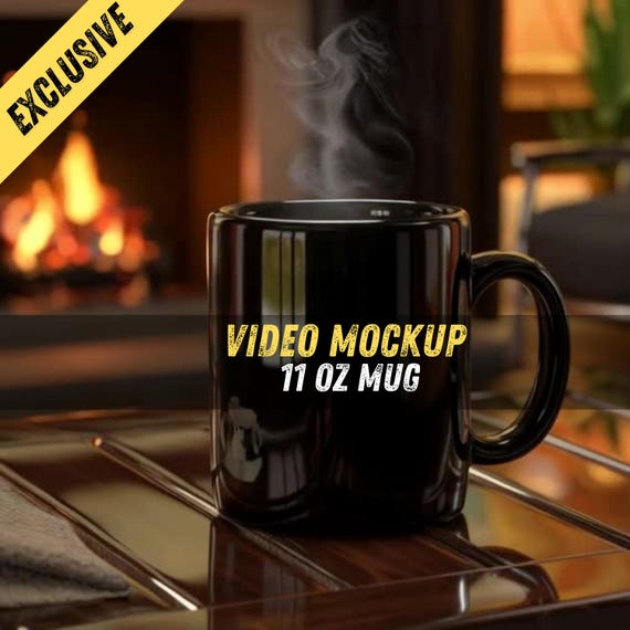Realistic Black Mug Video Mockup | 11oz Coffee Cup with Steam | Hot Drink Scene | Fireplace Cozy Atmosphere | High-Quality Animated