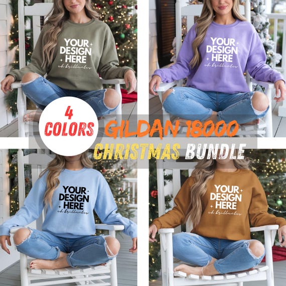 Christmas Gildan 18000 Mockup Bundle 4 Color Options with Real Models,Perfect for Custom Sweatshirt Designs&Holiday Sales-Gildan 18000