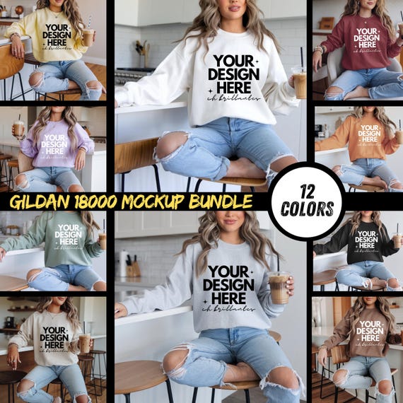 Gildan 18000 Mockup Bundle, Sweatshirt Crewneck Mockup Bundle Print On Demand, Apparel Mockup Bundle, Gildan Mockup Bundle-College Coffee