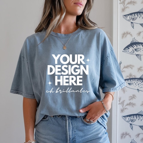 Comfort Colors Blue Jean T-Shirt Mockup- T-Shirt Mockup - Oversized BC6400 Tee - Chinoiserie Sardine Wall Background -Trendy Apparel Mockup