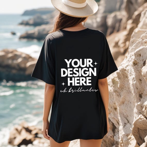 Black T-shirt Back Mock-up, Soft Women's Crew Neck T-Shirt, Lifestyle Boho Model Beach Mockup-Bella Canvas Black Blank Unisex Tee Mock-up