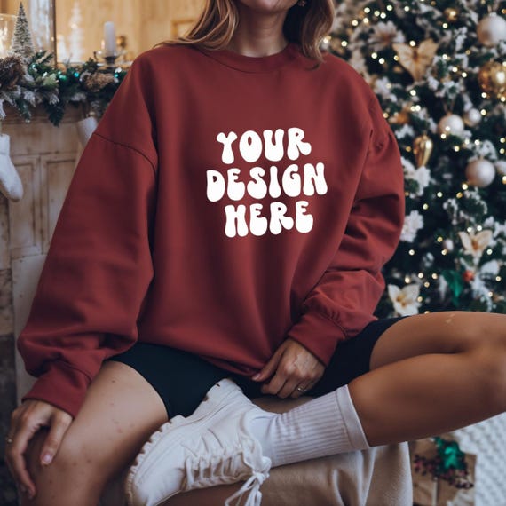 Gildan 18000 Red Sweatshirt Christmas Mockup -Simple Minimal Casual Red Sweater Mock-Gildan Red Pullover -Cozy Holiday Aesthetic-Real Model