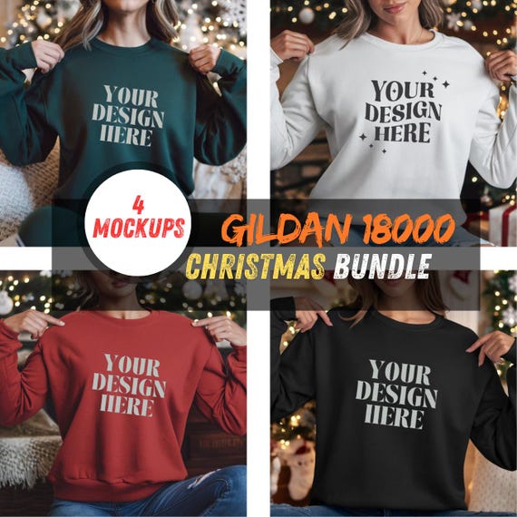 Gildan 18000 Christmas Sweatshirt Mockups | 4-Pack Mockup Bundle for Custom Designs, Winter Apparel, and Holiday Merchandising-Real Model