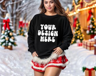 Black Gildan 18000 Mockup -Winter Mockup-Womens Sweatshirt Mockup-Gildan Sweater Mockup-Christmas Mockup-christmas Mockup Sweatshirt