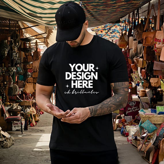 Black Bella Canvas 3001 Mockup for Men with Tattoos – High-Quality Realistic Male Model T-Shirt Mockup – Customizable Black Shirt Mockup