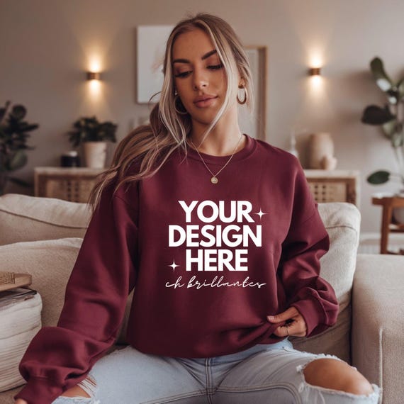 Gildan 18000 Maroon Sweatshirt Mockup Clothing, Mockup Sweater Model for Mockups Dark Red Sweater Template,Mock-Up G180 Maroon Crewneck