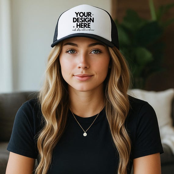 Foam Trucker Cap Mockup, Printify Otto Foam Black Trucker Hat Mockup, Mesh Hat Mockup, Black White Mockup, Peace Sign Custom Hat Mockup