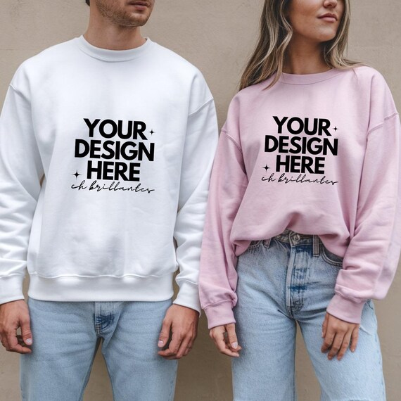 Couple Sweatshirt mockup , couple model Sweatshirt, man and woman anniversary love romance,White and Heliconia Pink Gildan 18000 mockup