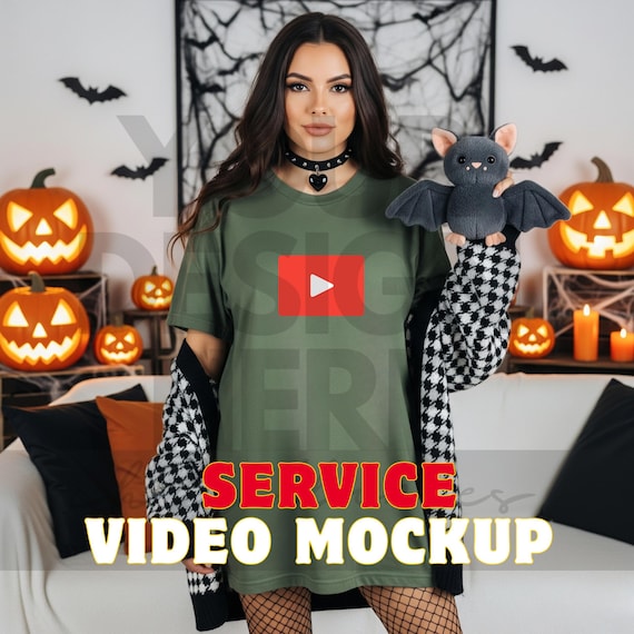 Halloween T-Shirt Video Mockup Service-Moss Green Comfort Colors C1717 Oversized Tee-CC 1717 Green Long Tshirt Mockup-Real Model Photo