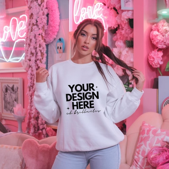 Gildan 18000 White Valentine Sweater Mockup | G18000 White Crewneck Sweatshirt Mock-up | Real Model | Trendy Galentines Aesthetic