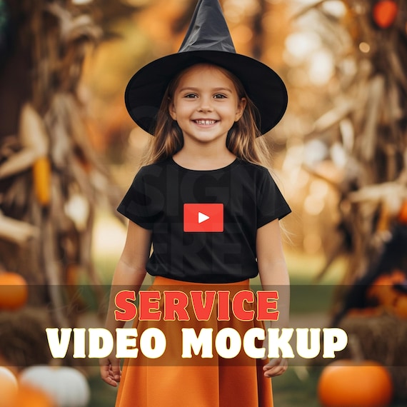Kids Black Halloween T-Shirt Video Mockup Service-Bella Canvas 3001T black Kids T-Shirt Mockup-Pumpkin Costume Showcase-Fall T-shirt Mockup