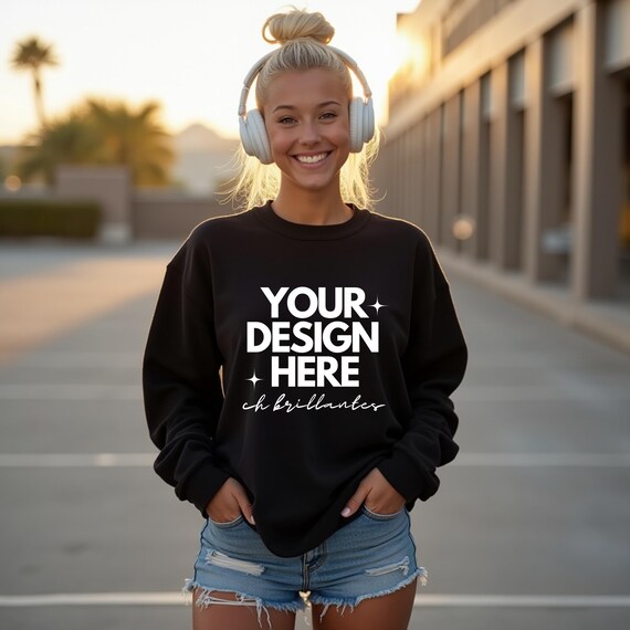 Gildan 18000 black sweatshirt mockup g180 black crewneck mockup model mockup  black Sweater oversized sweatshirt Mockup-real model