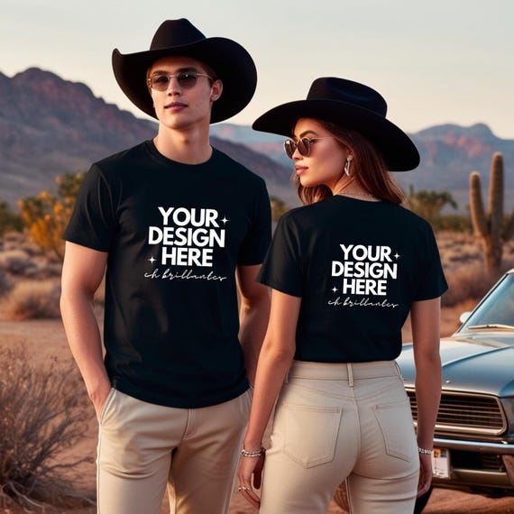 Front and Back Couples Black t-shirt Mockup, Sunset Shirt Mockup, Graphic Tee Mockup, Cowboy Cowgirl-Bella Canvas 3001 Desert Shirt Mockup,