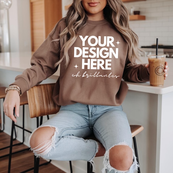 Gildan 18000 dark chocolate sweatshirt mockup lifestyle-mockup crew model-mockup trendy pinterest aesthetic mock POD-mockup urban streetwear