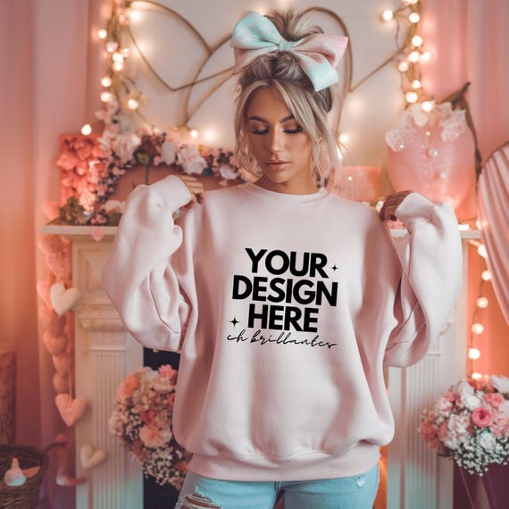 Heliconia Gildan Valentines Day Mockup, Gildan 18000 Mockup, Heliconia Pink Sweatshirt Mockup,Model Mockup-Real Person Model- Valentines Day