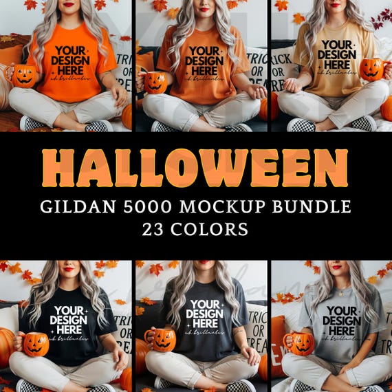 Gildan 5000 Tshirt Halloween Mockup Bundle-Trendy Spooky Halloween Mock-G500 T-Shirt Folded Mock-up Bundle -Real Photo -Vintage Fall