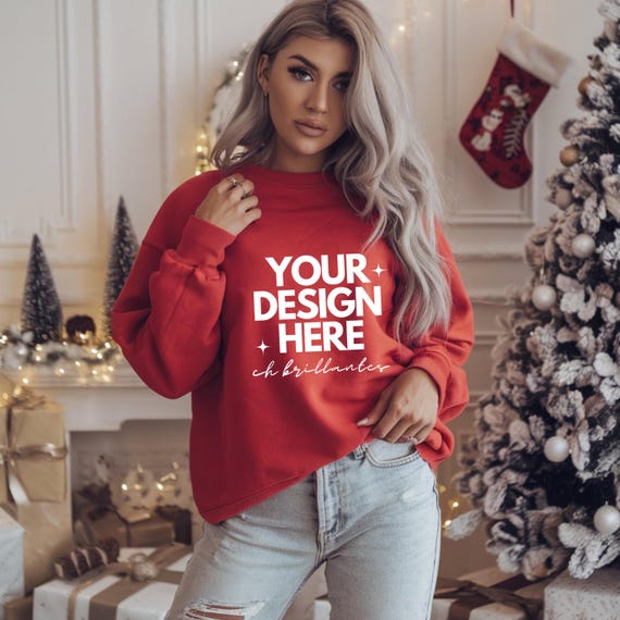 Gildan 18000 Red Sweatshirt Mockup | G180 Red Crewneck Mock-up | Model Mock | Cozy Trendy Festive Christmas Morning Aesthetic Sweater