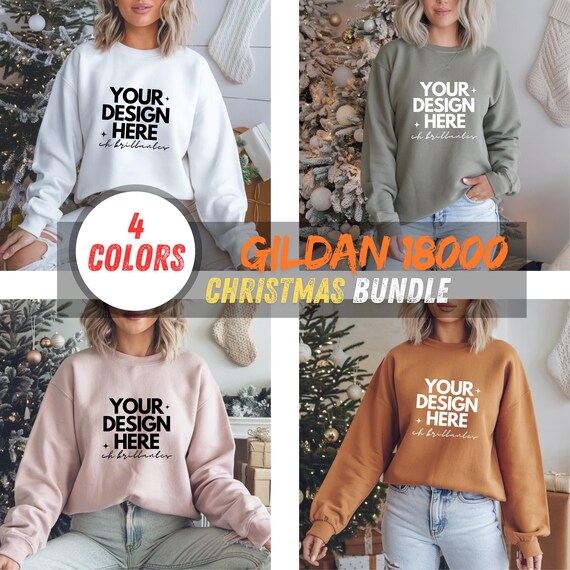 Gildan 18000 Christmas Sweatshirt Mockup Bundle | 4 Colors | Festive Cozy Design Templates for Print-On-Demand-Apparel Mockup Bundle