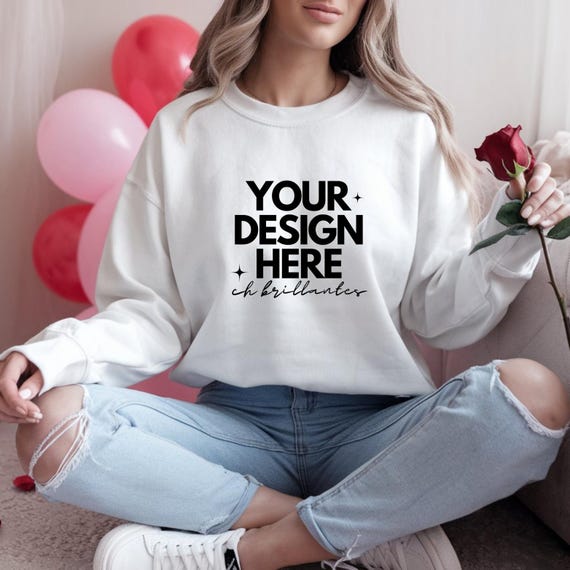 Gildan 18000 White Valentine Sweater Mockup,G18000 White Crewneck Sweatshirt Mockup,Real Model,Trendy Galentines Aesthetic-Sweatshirt Mockup