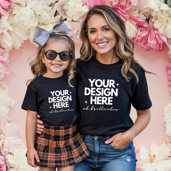 Mom and Me Black T-Shirt Mockup-Mommy and Me Matching Bella Canvas 3001 Shirts for Mother’s Day Lifestyle-Mommy and Me Mockup- Black T-Shirt