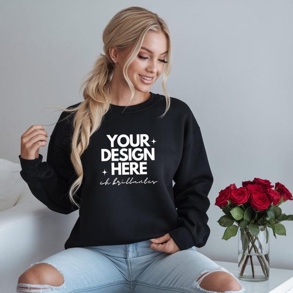Gildan 18000 Black Valentine Sweater Mockup | G18000 Crewneck Sweatshirt Mock-up | Trendy Galentines Aesthetic, Black Mockup,Real Model