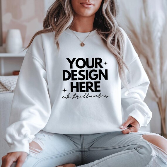 Gildan 18000 White Sweatshirt Mockup | G180 White Crewneck Mockup,Gildan 18000 White Sweater | Simple Natural Basic Mockup , Model Mock