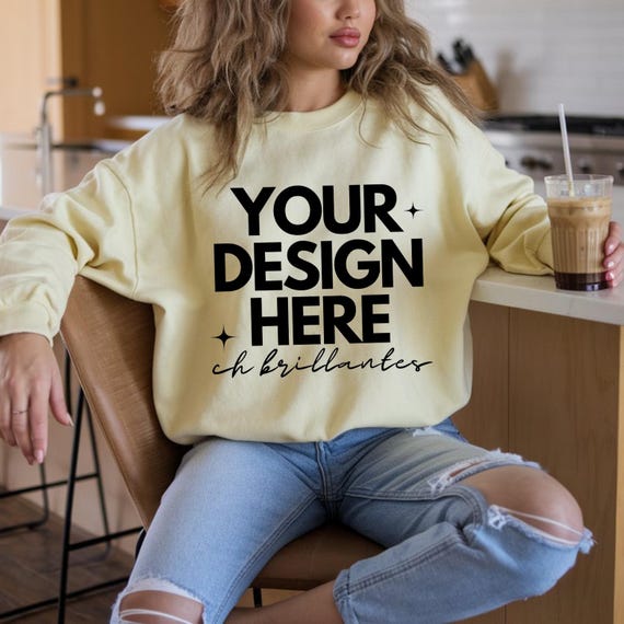 Gildan 18000 Gold Sweatshirt Mockup, G18000 Yellow Crewneck Mock-up,  Trendy Minimalist True Color Aesthetic-Real Person Model Mock