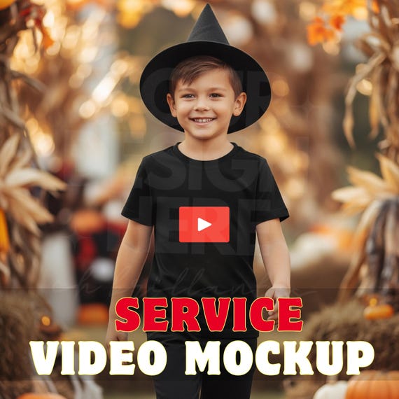 Kids Black Halloween T-Shirt Video Mockup Service-Bella Canvas 3001T black Kids T-Shirt Mockup-Pumpkin Costume Showcase-Fall T-shirt Mockup