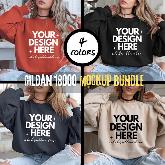 Gildan 18000 Sweatshirt Mockup Bundle | Real Model Mock | Trendy Casual Neutral Boho Aesthetic- G180 Crewneck Sweatshirt Mock-up Bundle