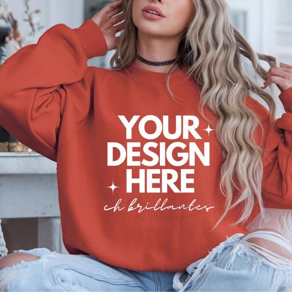 Gildan 18000 Red Sweatshirt Mockup |   Model Mock | Gildan Red Pullover | Simple Minimal Casual Red Sweater Mock-G180 Red Crewneck Mockup