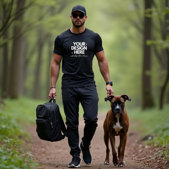 Mens Black Athletic T-Shirt Mockup with Dog–Realistic Outdoor Fitness Apparel Template–Gym Wear, Streetwear Branding,Model Walking