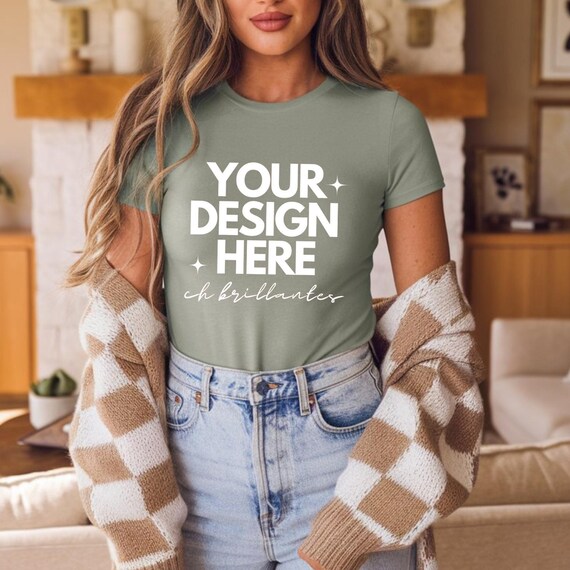 Bella Canvas 3001 Military Green Shirt Mockup | 3001 Green T-shirt Mockup  | Trendy Cozy Summer Fall Boho Aesthetic Tshirt- Real Model Mock