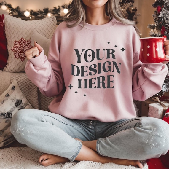 Gildan 18000 Light Pink Sweatshirt Mockup-Real Person Model-Trendy Casual Neutra-Styled Aesthetic-oho Woman Model Download