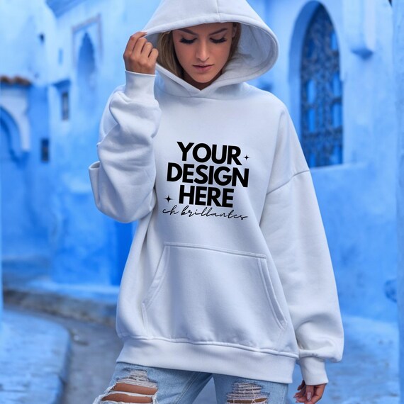 Gildan 18500 White Hoodie Mockup - Hooded Sweatshirt Mockup | Model Mock | Gildan 18500 Hoodie | Oversized Simple White Hoodie Mock-up