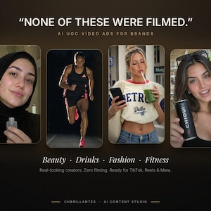 Pode incluir: Um anúncio digital com o texto NONE OF THESE WERE FILMED. AI UGC VIDEO ADS FOR BRANDS. Exibe quatro painéis mostrando uma pessoa aplicando sérum, um corredor, uma pessoa bebendo uma bebida verde e uma lata da marca Chioui.