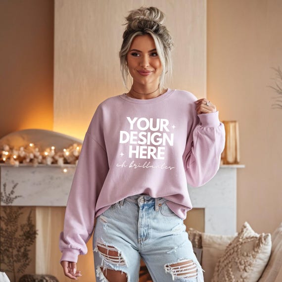 Gildan 18000 Light Pink Mockup, , Trendy Galentine Holiday Pullover Mockup, Real Person Model- Valentines Day Crewneck Sweatshirt Mock-up