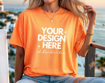 Gildan 5000 Orange Tshirt Mockup | Long G500 Orange T-shirt Mockup |  Simple Styled Trendy Colorful Fall Aesthetic Shirt- Real Model Mock