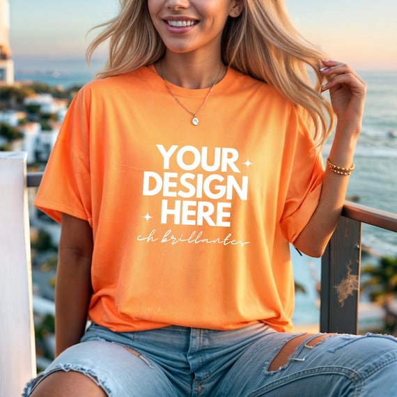 Gildan 5000 Orange Tshirt Mockup | Long G500 Orange T-shirt Mockup |  Simple Styled Trendy Colorful Fall Aesthetic Shirt- Real Model Mock