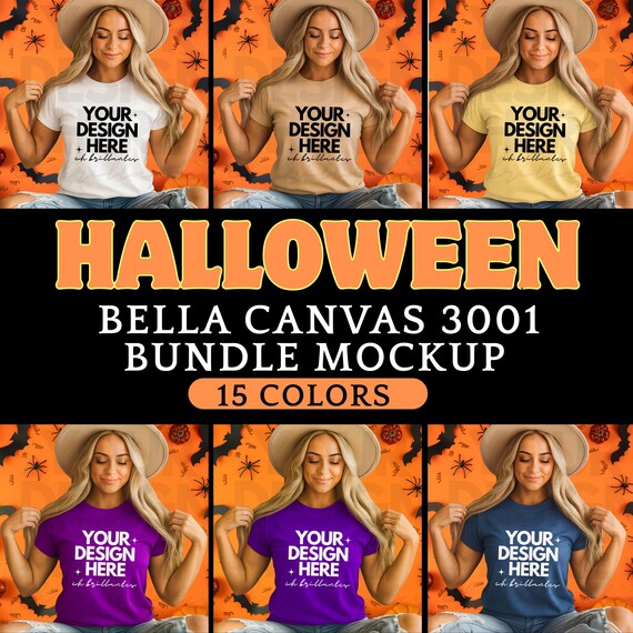 Bella Canvas 3001 Tshirt Halloween Mockup Bundle-Fun Trendy Spooky Fall Halloween Shirt Mock-BC 3001 T-Shirt Mock-up Bundle-Real Model