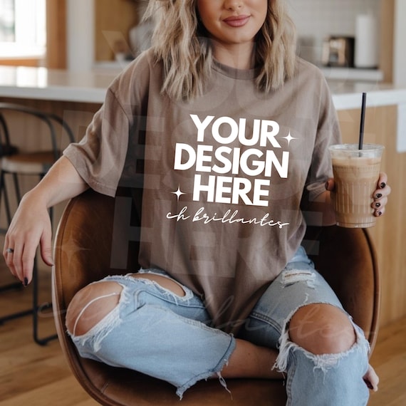 Comfort Colors C1717 Espresso Shirt Mockup | Real Model Mock | Retro Vintage Long Tshirt Dress Fall Aesthetic- CC 1717 Brown Tshirt Mock-up