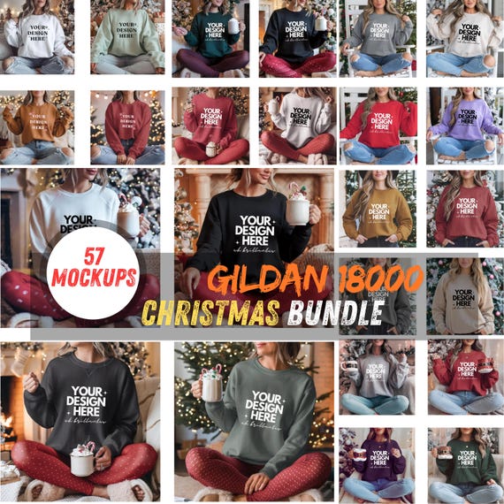 Gildan 18000 Christmas Mockup Bundle – 57 Cozy Sweatshirt Mockups in Multiple Colors-Holiday Crewneck Templates for Designers-Mockup Bundle