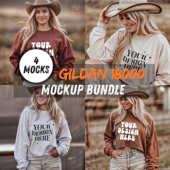 Cowboy Model Mockup Bundle - Gildan 18000 Sweatshirts in Red, Beige, White, Brown - 4 JPGs, Western Style Mockups for Instant Download