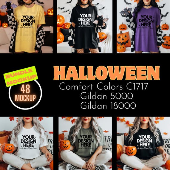 Halloween Mockup Bundle | Comfort Colors 1717,Gildan 18000 & 5000 Mockup | Fall Sweatshirt T-Shirt Mock Up-Spooky Model POD Mockups-48 Model