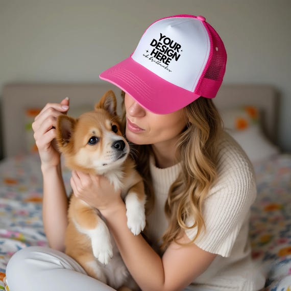 Pink Foam Trucker Mockup: Colorful Photo of Model Wearing Pink and White Otto Cap, Mesh Trucker Hat Mockup at Home, Cozy Lifestyle Mock