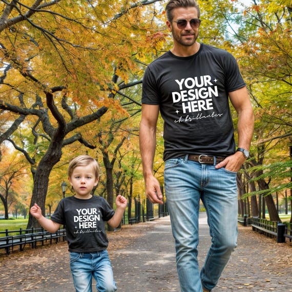 Father and Son Mockup Daddy and Son Black Gildan 5000 5000B T-Shirt Mockup Dad and Son Outdoor Black Tee Father's Day Family Group Mockup