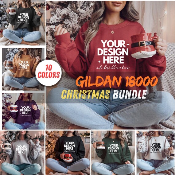 Gildan 18000 Christmas Mockup Bundle -10 Colors Cozy Holiday Sweatshirt Mockups for Designers-Xmas Crewneck Digital Templates-Apparel