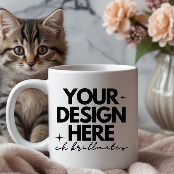 White cat mug mockup.  Print on demand mug mockup for your creative designs. White mug template-White mug in front of beloved pets.