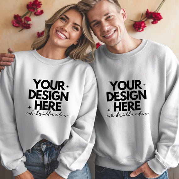 White Gildan 18000 Sweatshirt Mockup | Valentine's Day Couple Mockup | Love Affection Amour | Matching Sweats-G180 White Crewneck Mockup |