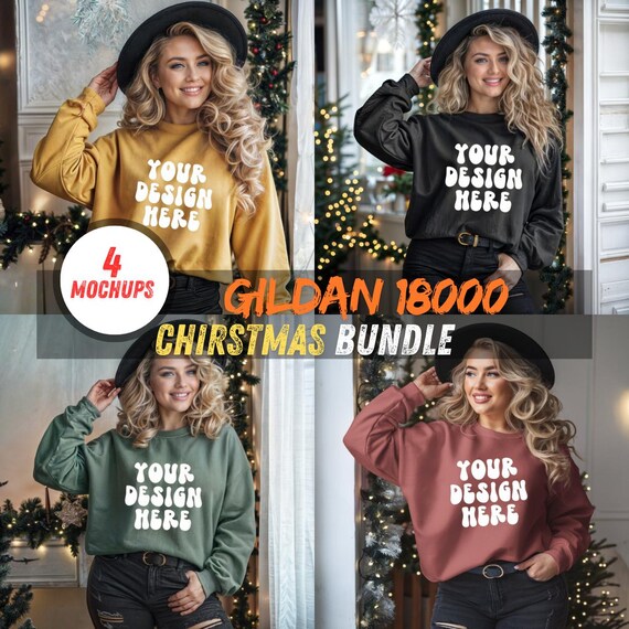 Christmas Sweatshirt Mockup Bundle Gildan 18000 | Cozy Holiday Scene | 4 Colors |  Mockups for Etsy, Print on Demand, and Designers"