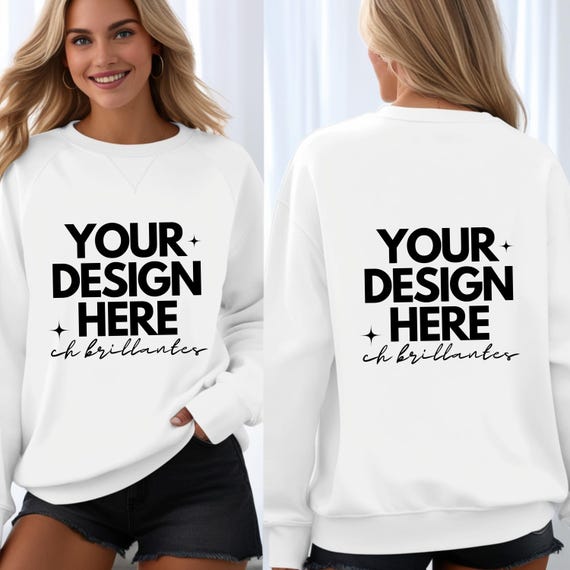 Gildan 18000 White Sweatshirt Front & Back Mockup | Real Model Mock | Minimal Dual Back View | G180 White Crewneck Sweatshirt Split Mock-up